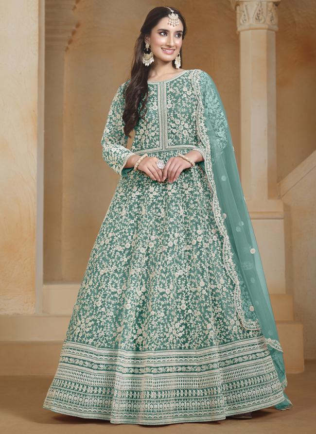 Net Teal Wedding Wear Embroidery Work Anarkali Suit